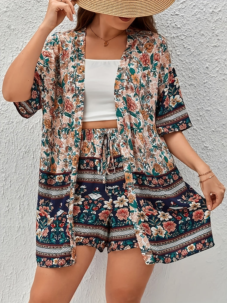 Romildi Plus Size Boho Outfits Two Piece Set, Women's Plus Floral Print Short Sleeve Open Front Cover Up & Drawstring Shorts Outfits 2 Piece Set