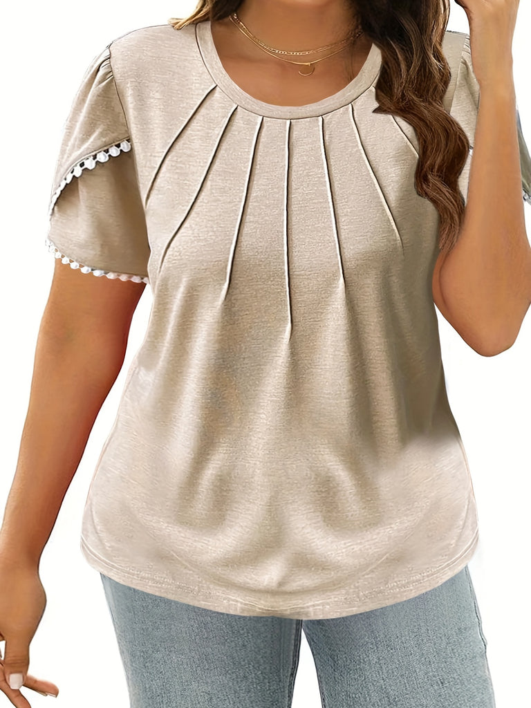 Romildi Women's Plus Size Floral Trim Petal Sleeve T-Shirt - Comfortable and Stylish