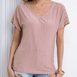 Romildi V Neck Eyelet T-Shirt, Solid Short Sleeve Casual Top For Summer & Spring, Women's Clothing