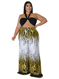 Romildi Plus Size Knot Front Graphic Print Strapless Top & Pants Set, Women's Plus Medium Stretch Two Piece Set