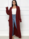 Romildi Long Length Cable Knit Cardigan, Elegant Solid Long Sleeve Sweater With Pockets, Women's Clothing