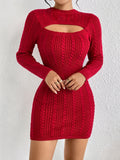 Romildi Cut Out Cable Knit Sweater Dress, Sexy Long Sleeve Bodycon Dress, Women's Clothing