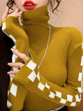 Romildi Plaid Turtle Neck Pullover Sweater, Casual Long Sleeve Slim Versatile Sweater, Women's Clothing