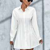 Romildi Tucked Solid Mini Dress, Casual Button Front Long Sleeve Dress, Women's Clothing