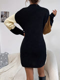 Romildi Color Block Mock Neck Dress, Casual Long Sleeve Sweater Dress, Women's Clothing