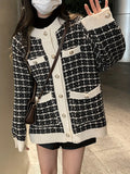 Romildi Preppy Plaid Pattern Button Up Pocket Cardigan, Casual Long Sleeve Cardigan For Fall & Winter, Women's Clothing