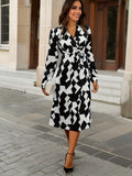 Romildi Geo Print Wrap V Neck Dress, Elegant Long Sleeve Dress For Spring & Fall, Women's Clothing