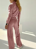 Romildi Solid Casual Two-piece Set, Crew Neck Long Sleeve Tops & Drawstring Wide Leg Pants Outfits, Women's Clothing