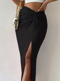 Romildi Romildi Twist Solid Skirts, Sexy Split Hem High Waist Bodycon Maxi Skirts, Women's Clothing