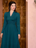 Romildi Solid V Neck Dress, Elegant Long Sleeve Shirred Waist Dress, Women's Clothing