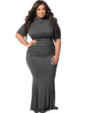 Romildi Romildi Plus Size Solid Ruched Front Short Sleeve Crop Tops & Maxi Skirts Set, Women's Plus Slight Stretch Elegant 2pcs Set Outfits