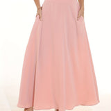 Romildi Romildi Pleated Long Skirt, Loose Solid Casual Skirt For Spring & Summer, Women's Clothing
