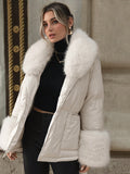 Romildi Fuzzy Collar Belted Jacket Coat, Casual Solid Long Sleeve Winter Warm Outerwear With Pockets, Women's Clothing
