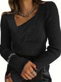 Solid Asymmetrical Neck Rib Knit Sweater, Casual Long Sleeve Slim Sweater, Women's Clothing