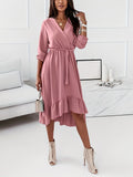 Romildi Ruffle Hem Surplice Neck Dress, Elegant Solid Long Sleeve Midi Dress, Women's Clothing