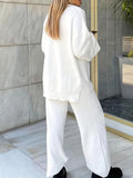 Romildi Solid Fuzzy Two-piece Set, V Neck Long Sleeve Top & Wide Leg Pants Outfits, Women's Clothing