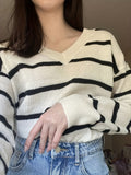 Romildi Striped V Neck Pullover Sweater, Casual Long Sleeve Sweater For Spring & Fall, Women's Clothing