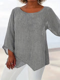 Romildi Plus Size Casual Top, Women's Plus Plain Crinkle Half Sleeve Round Neck Split Hem T-shirt