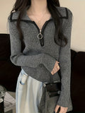 Romildi Zip Turndown Collar Pullover Sweater, Casual Long Sleeve Slim Sweater, Women's Clothing