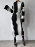 Romildi Color Block Split Dress, Casual Mock Neck Long Sleeve Dress, Women's Clothing