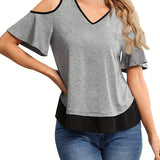 Romildi Sexy Cold Shoulder Blouses, V-neck Casual Color Block Short Sleeve Fashion Loose Tops, Women's Clothing