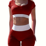 romildi 2pcs Women's Summer Workout Set - Ribbed Two Tone Crop Top & High Waist Shorts for Casual & Sports Activities