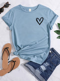 Romildi Heart Print Graphic T-Shirt, Short Sleeve Crew Neck Casual Top For Spring & Summer, Women's Clothing