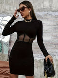 Romildi Mesh Panel Bodycon Dress, Stylish Mock Neck Long Sleeve Dress For Spring & Fall, Women's Clothing