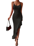 Romildi Ruffle Hem Backless Dress, Elegant Spaghetti Strap Asymmetrical Hem Dress, Women's Clothing
