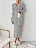 Romildi Half Zip Ribbed Dress, Casual Solid Long Sleeve Every Day Dress, Women's Clothing