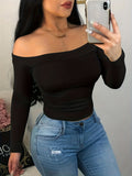 Romildi Solid Off Shoulder Slim T-Shirt, Versatile Long Sleeve T-Shirt For Spring & Fall, Women's Clothing