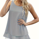 Romildi Romildi Layered Hem Crew Neck Tank Top, Casual Sleeveless Blouse For Summer, Women's Clothing