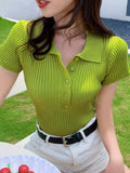Romildi Ribbed Polo Collar Button Front T-Shirt, Casual Short Sleeve Top For Spring & Summer, Women's Clothing