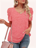 Romildi Solid V Neck T-Shirt, Casual Puff Sleeve Top For Spring & Summer, Women's Clothing