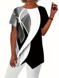 Romildi Color Block Asymmetrical T-shirt, Casual Crew Neck Short Sleeve Summer T-shirt, Women's Clothing