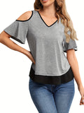 Romildi Sexy Cold Shoulder Blouses, V-neck Casual Color Block Short Sleeve Fashion Loose Tops, Women's Clothing