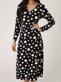 Romildi Polka Dot Print Long Sleeve Dress, Casual V Neck Split Hem Dress For Spring & Fall, Women's Clothing