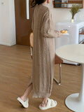 Romildi Cable Knit Maxi Dress, Elegant Crew Neck Long Sleeve Dress, Women's Clothing