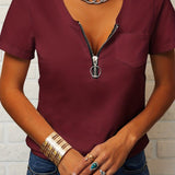 Romildi Women's T-shirt Zipper Neck V Neck Crop Sleeve Teddy T-Shirt