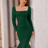 Bodycon Square Neck Mermaid Dress, Elegant Long Sleeve Dress For Party & Banquet, Women's Clothing