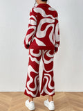 Romildi All Over Pattern Knitted Two-piece Set, Collared Long Sleeve Top & Loose Pants Outfits, Women's Clothing