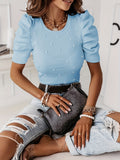 Romildi Puff Sleeve Beaded Decor Top, Elegant Short Sleeve Top For Spring & Summer, Women's Clothing
