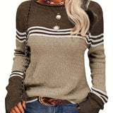 Romildi Color Block Boat Neck Knitted Top, Casual Long Sleeve Pullover Sweater For Fall & Winter, Women's Clothing