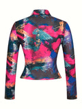 romildi All Over Print Collared T-Shirt, Casual Long Sleeve Top For Spring & Fall, Women's Clothing
