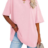 Romildi Basic Loose Solid T-Shirts, Casual Short Sleeve V-Neck T-Shirts, Casual Every Day Tops, Women's Clothing