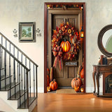 1pc, Rustic Pumpkin Wreath Fall Happy Thanksgiving Porch Banner, 35x70 inches, Polyester, Vertical Seasonal Door Decor, Festive Home & Kitchen Wall Art, Artistic Graphic Hanging Poster for Party Decoration