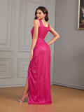 Elegant Skinny Sequined Split Dress, Sleeveless Floor Length Evening Gown Dress For Party & Banquet, Women's Clothing