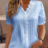 Romildi Lace Trim Solid Blouse, Elegant V-neck Short Sleeve Blouse, Women's Clothing