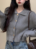 Romildi Solid Button Up Knit Cardigan, Casual Turndown Collar Long Sleeve Sweater, Women's Clothing