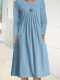 Romildi Tucked Solid Dress, Casual Crew Neck Long Sleeve Dress, Women's Clothing